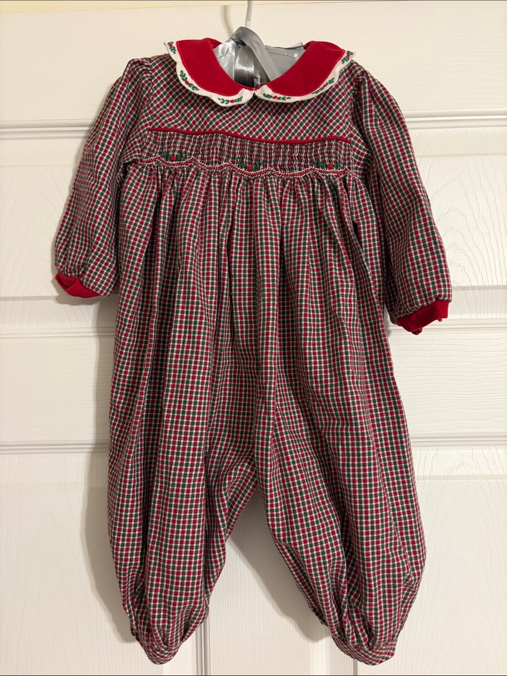 Nursery Rhyme Holiday Smocked Tartan Plaid Long Bubble Romper